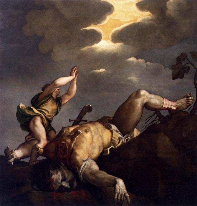 Biblijos herojai Dovydas ir Goliatas. Mūšis
